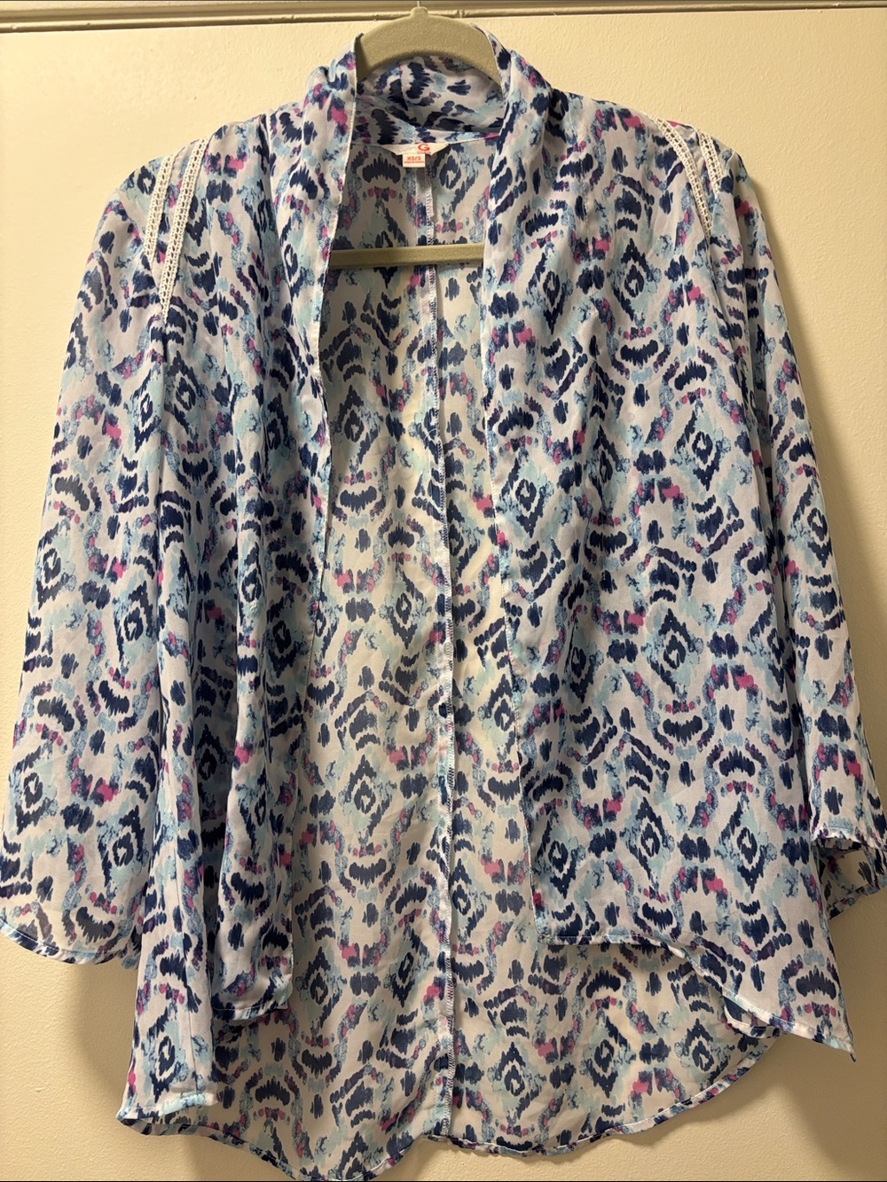 Guess Light Blue & Navy Patterned Girls' Kimono Cardigan with Pink Accents